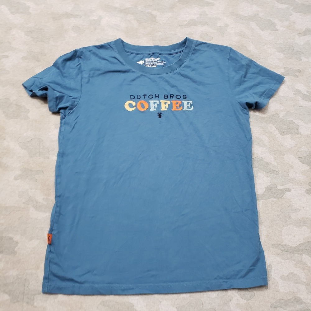Dutch Bros Coffee Top Womens Medium Blue Embroidered Short Sleeve
